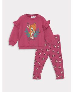 Crew Neck Long Sleeved Bambi Printed Baby Girl Sweatshirt and Leggings 2-Pack Set