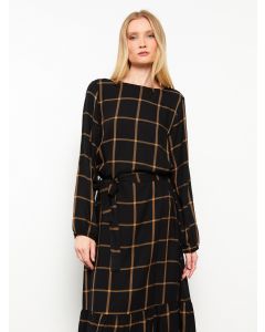 Crew Neck Plaid Long Sleeve Gabardine Women Shirt Dress