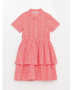 Shirt Collar Patterned Short Sleeve Poplin Girls Dress