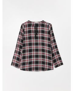 Tie Collar Plaid Long Sleeve Viscose Women's Blouse