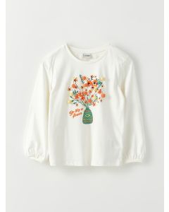 Crew Neck Printed Long Sleeve Cotton Girl T-shirt