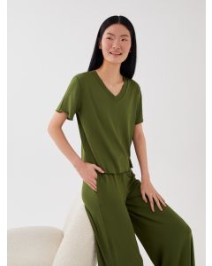 Petite V Neck Straight Short Sleeve Women Pajamas Set