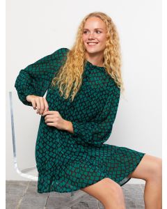 Crew Neck Patterned Long Sleeve Chiffon Women's Dress