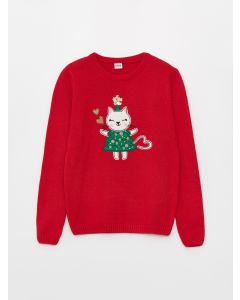 Crew Neck New Year Themed Long Sleeve Girl Tricot Sweater