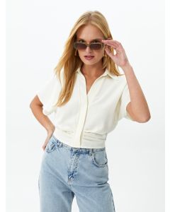 Shirt Collar Straight Short Sleeve Crop Women's Blouse