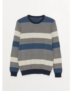 Crew Neck Long Sleeve Striped Men's Tricot Sweater