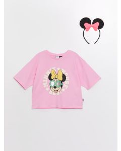 Crew Neck Minnie Mouse Printed Short Sleeve Girls' Crop T-Shirt and Crown