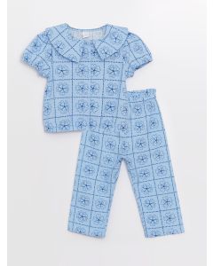 Baby Collar Short Sleeve Patterned Baby Girl Blouse and Trousers 2-Piece Set