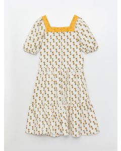 Square Neck Patterned Short Sleeve Poplin Girl Dress