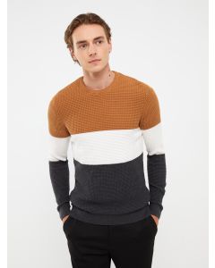 Crew Neck Long Sleeve Men's Tricot Sweater with Color Block