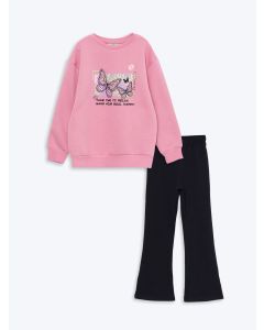 Crew Neck Printed Long Sleeve Girl Sweatshirt and Tights