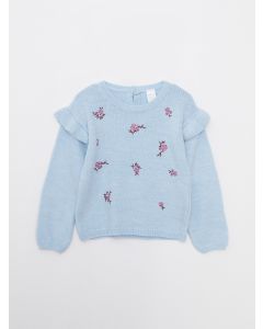 Crew Neck Long Sleeve Embroidery Detailed Baby Girl Knitwear Sweater