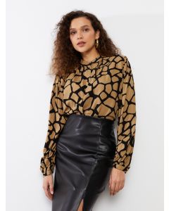 Ruched Collar Patterned Long Sleeve Women's Blouse