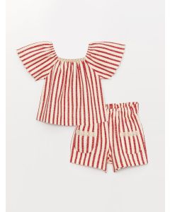 Square Collar Short Sleeve Striped Baby Girl Blouse and Shorts 2-Pack Set