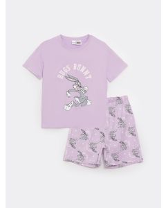 Crew Neck Bugs Bunny Printed Short Sleeve Girls Shorts Pajamas Set