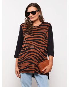 Crew Neck Patterned Long Sleeve Crepe Women's T-shirt