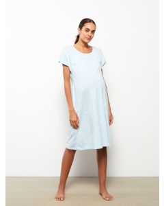 Crew Neck Patterned Short Sleeve Cotton Maternity Nightgown