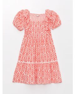 Square Neck Patterned Short Sleeve Girls' Dress