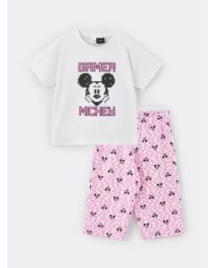 Crew Neck Mickey Mouse Printed Short Sleeve Girl Pajama Set