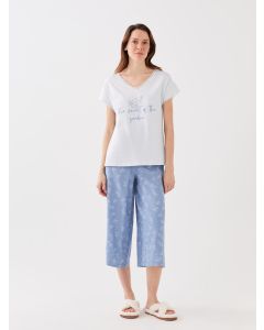 Women's V-Neck Printed Capri Pajamas Set