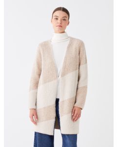 Shawl Neck Long Sleeve Women's Tricot Cardigan with Color Block