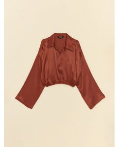 Shirt Collar Straight Long Sleeve Crop Satin Women's Blouse