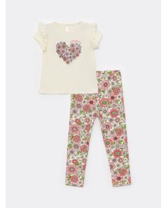 Crew Neck Short Sleeve Printed Baby Girl Blouse and Leggings 2-Pack Set