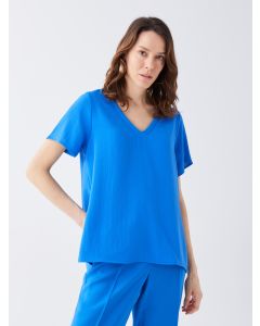 V Neck Straight Short Sleeve Women Blouse