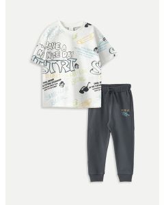 Crew Neck Short Sleeve Printed Baby Boy T-Shirt and Trousers 2-Piece Set