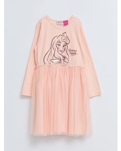 Crew Neck Disney Princess Printed Long Sleeve Girls Dress