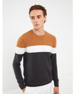 Crew Neck Long Sleeve Men's Tricot Sweater with Color Block