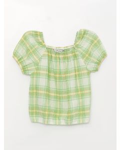 Square Neck Plaid Short Sleeve Girls' Blouse