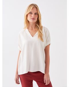 Henley Neckline Straight Short Sleeve Women Blouse