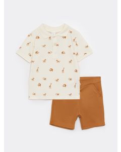 Polo Neck Short Sleeve Patterned Baby Boy T-Shirt and Shorts 2-Piece Set