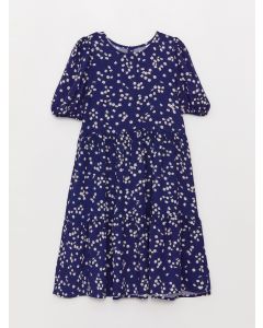 Crew Neck Patterned Short Sleeve Girl Dress