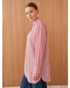 Shirt Collar Striped Long Sleeve Poplin Women's Tunic