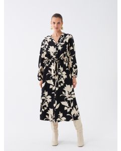 V-Neck Patterned Long Sleeve Oversize Women's Shirt Dress