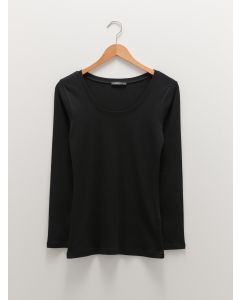 Women's U-Neck Plain Long Sleeve Cotton T-Shirt