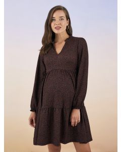 V Neck Patterned Long Sleeve Crinkle Maternity Dress