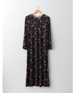 Crew Neck Floral Long Sleeve A-Line Viscose Women's Dress