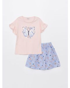 Crew Neck Printed Short Sleeve Girl's T-Shirt and Skirt