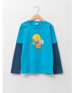 Crew Neck Printed Long Sleeve Cotton Boy T-shirt