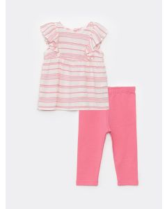 Crew Neck Short Sleeve Striped Baby Girl Blouse and Leggings 2-Pack Set