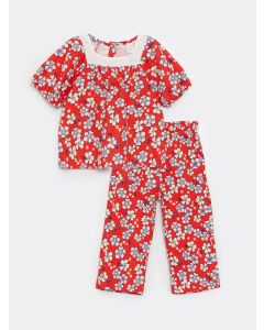 Square Collar Short Sleeve Patterned Baby Girl Blouse and Pants 2-Pack Set