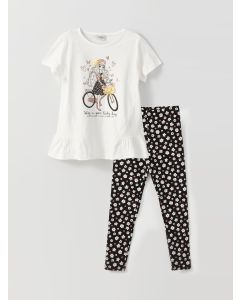 Crew Neck Printed Short Sleeve Girls T-Shirt and Tights