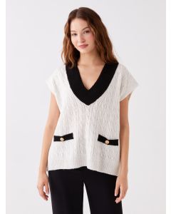 V-Collar Self-Patterned Oversized Women's Sweater