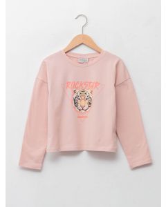 Crew Neck Printed Long Sleeve Cotton Girl T-shirt