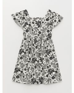 Square Neck Patterned Short Sleeve Girls' Dress