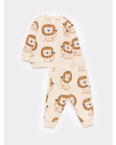 Crew Neck Long Sleeve Printed Cotton Baby Boy Sweatshirt and Trousers 2-Pack Set