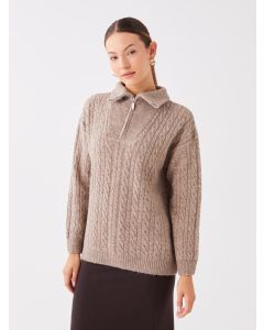 High Collar Self Patterned Long Sleeve Oversize Women's Knitwear Sweater